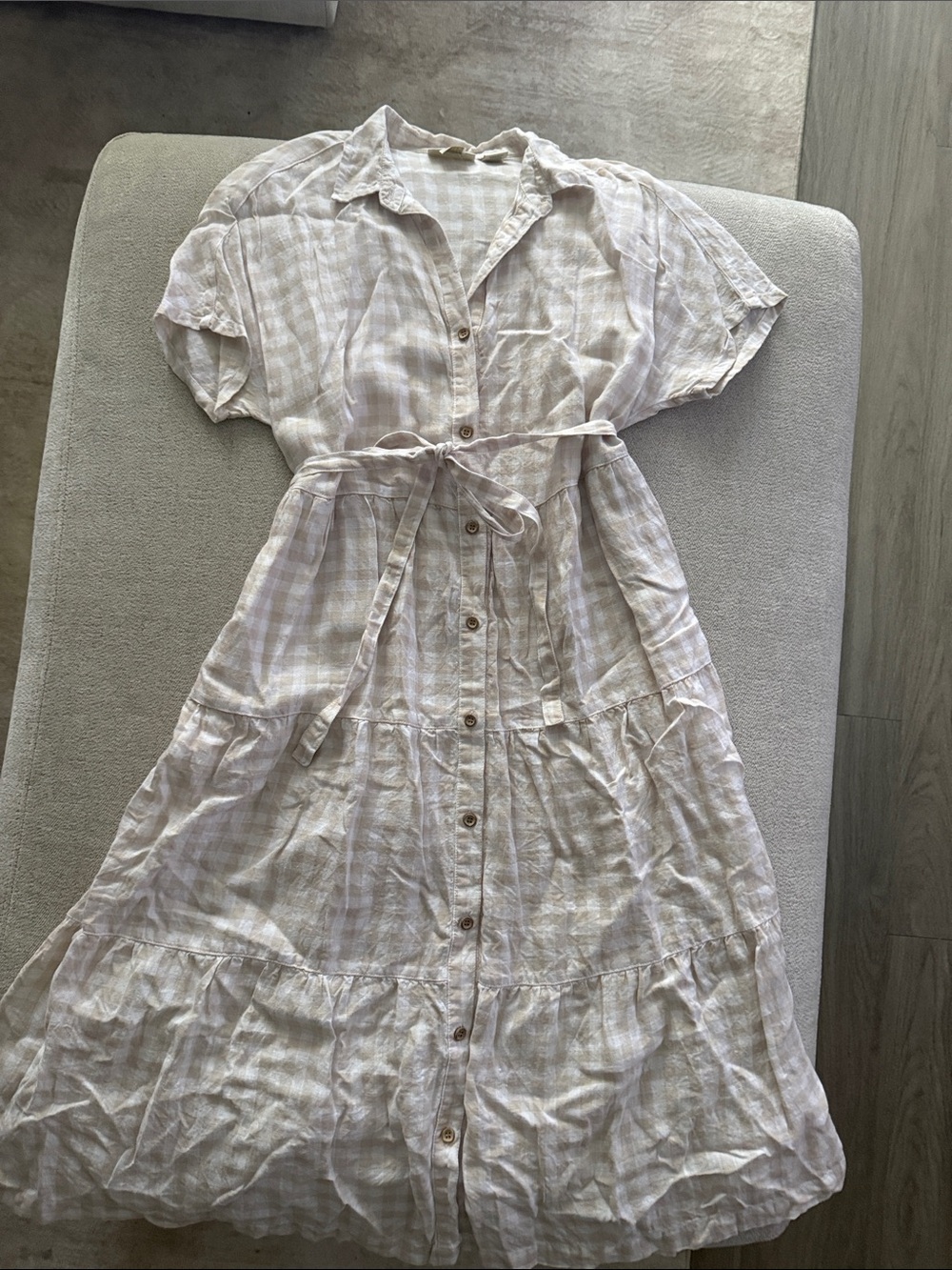 100% Linen Cream Gingham Button-Front Maxi Dress
